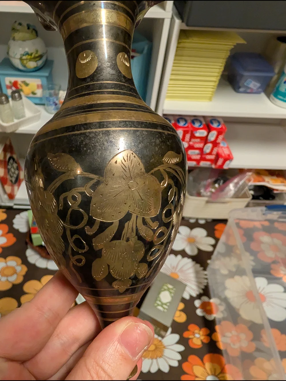 Brass Floral Etched Pedestal Vase - Mixed Metal Vintage